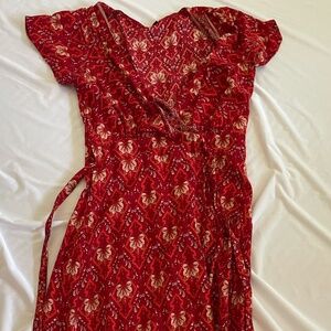 Red Patterned Cotton Wrap Maxi Dress
